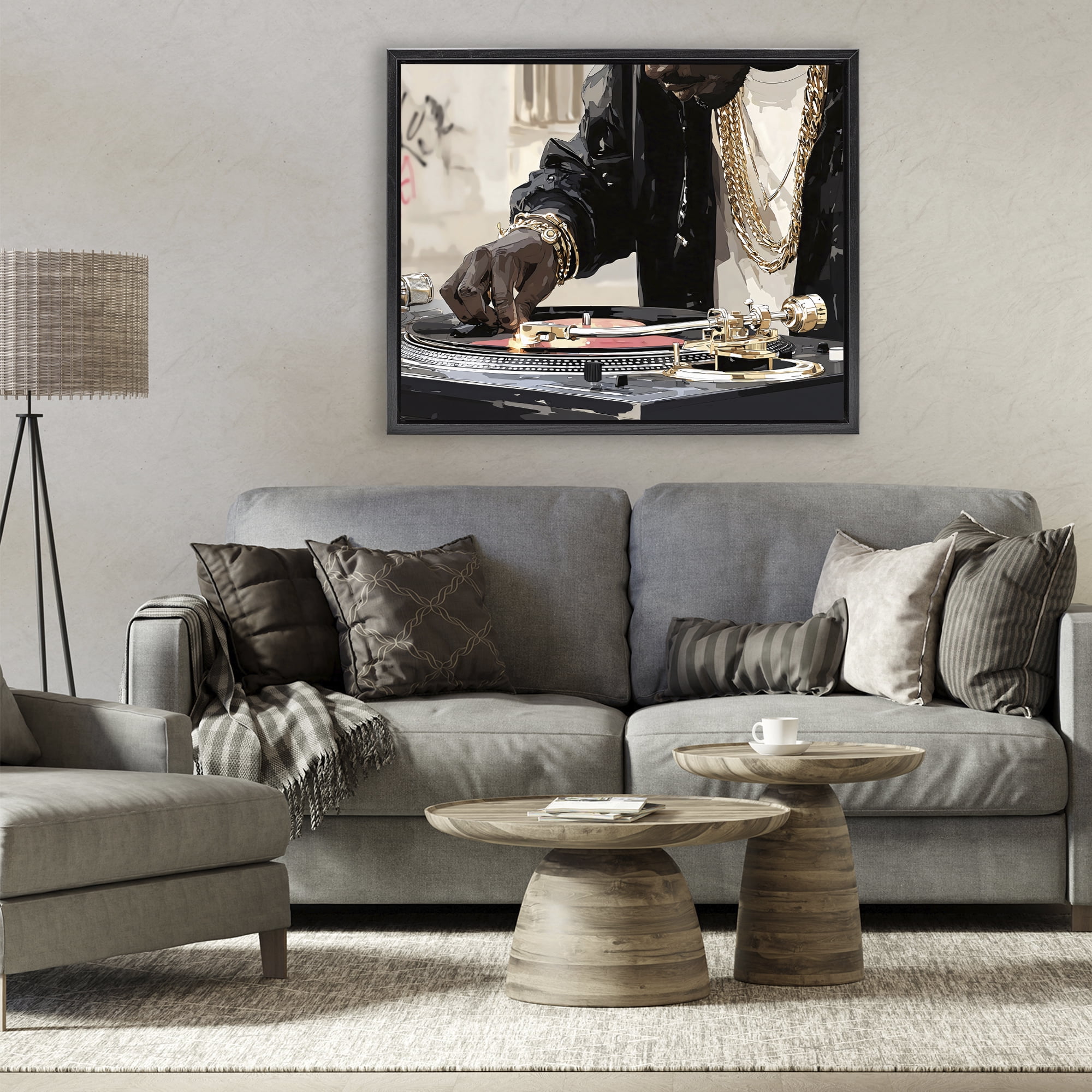 Stupell Industries Golden Touch on DJ's Turntable Black Framed Floater Canvas Wall Art, design by Franklyn Gregory