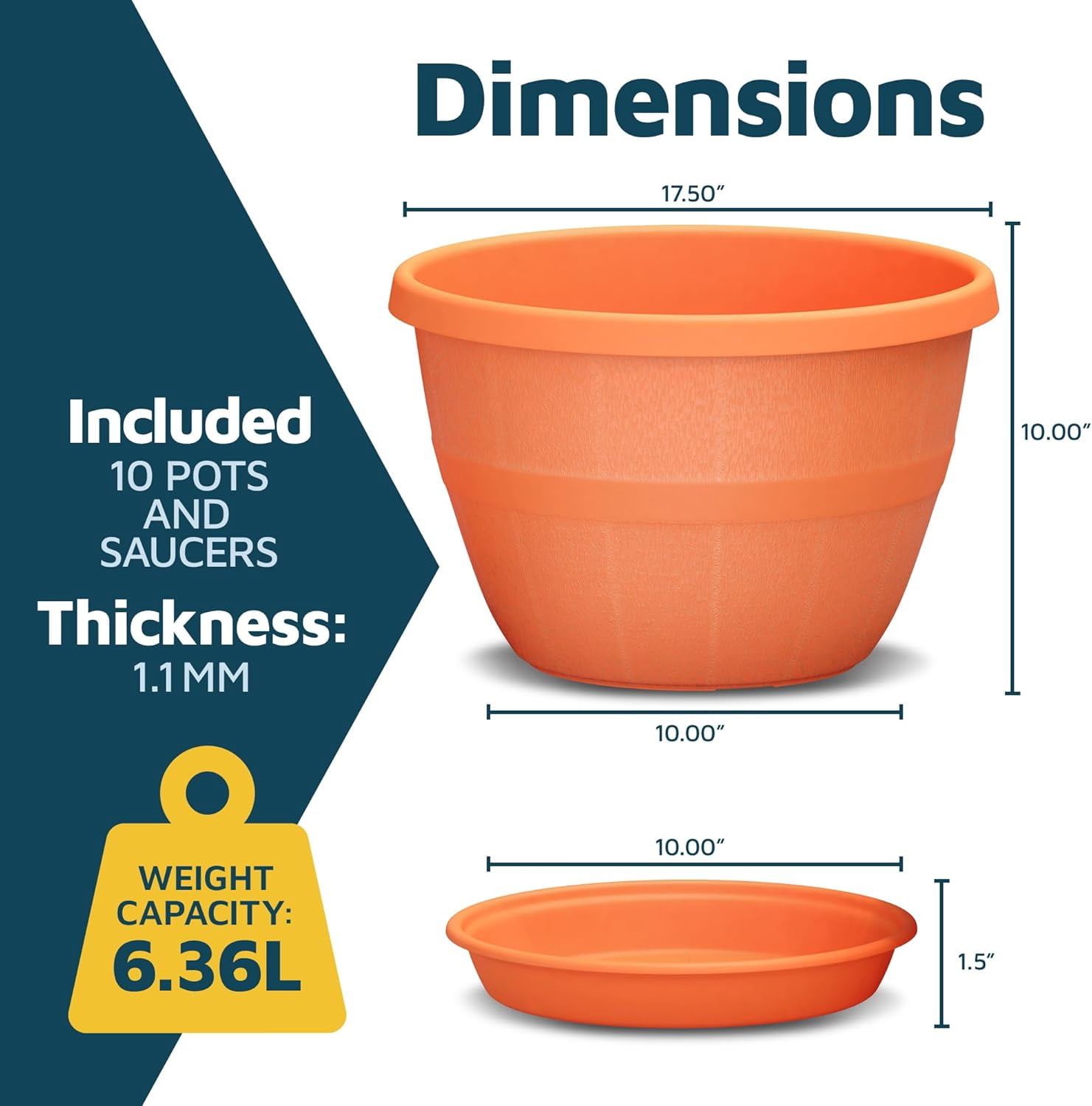 10-Inch Whiskey Barrel Planters Outdoor Pack of 10 - Durable Plastic Plant Pots for Indoor & Outdoor Use with Drainage & Saucer, Lightweight Rustic Barrel Planters for Flowers, Herbs & Small Plants