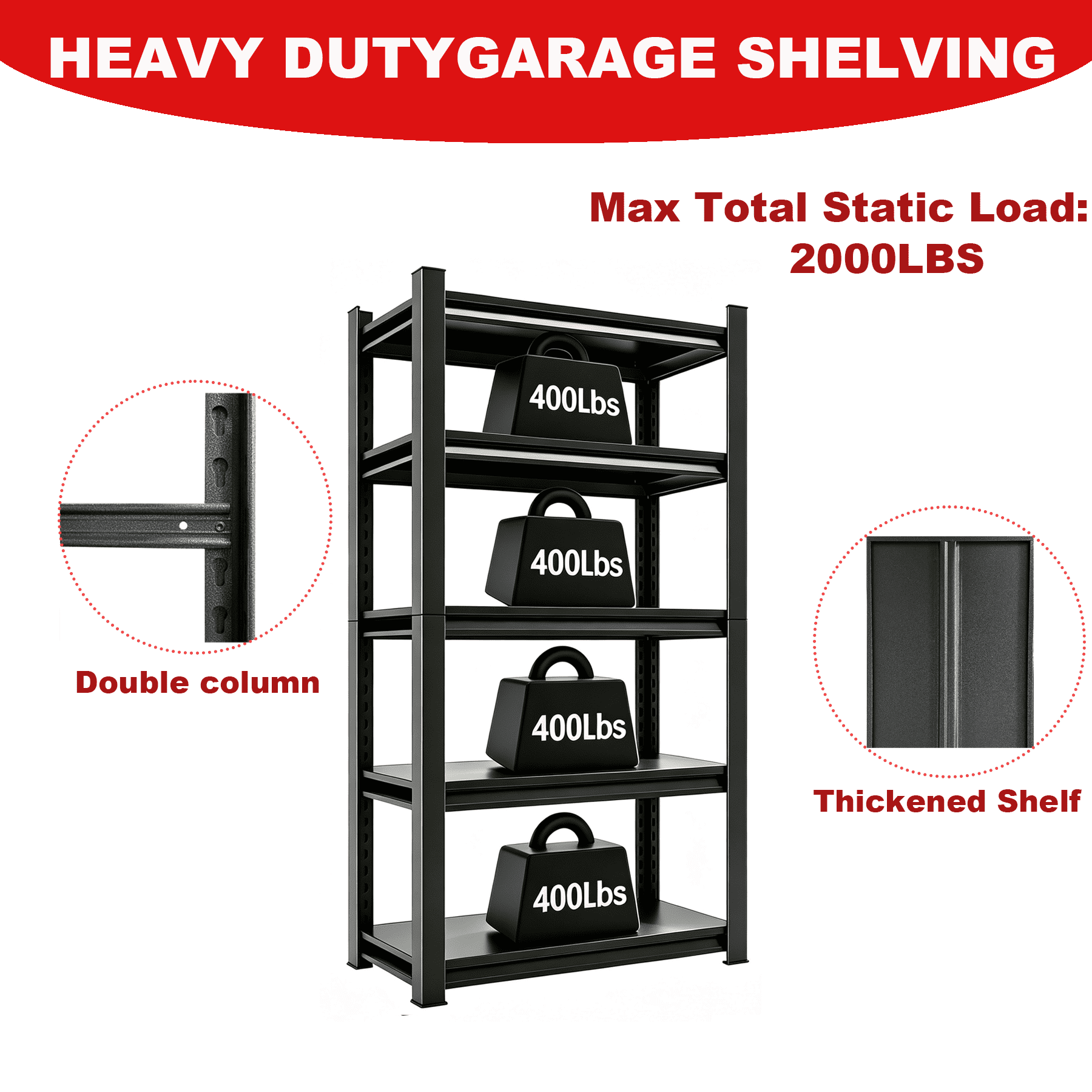 5-Tier Heavy Duty Metal Storage Shelving Unit, 2000 LBS Load Capacity Adjustable Shelves Organizer Rack for Home, Garage & Warehouse, 71.20"H x 35.43"W x 17.72"D, Black