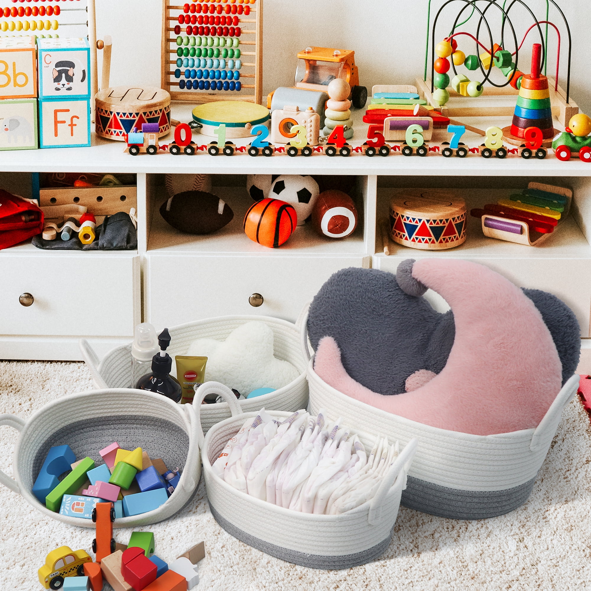 Caroeas 4-Piece Cotton Rope Baskets, Shelf Baskets for Organizing Shelves, Woven Decorative Basket, Nesting Bins for Baby Nursery and Toys, White and Gray (4 Sizes)
