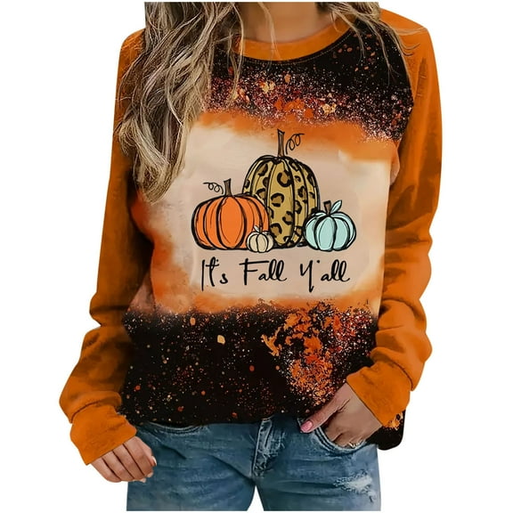 miqiqism It's Fall Y'all Thanksgiving Day Sweatshirts Casual Crew Neck Tunic Sweatshirt Trendy Loose Tunic Tee Blouses Fashion Pumpkin Printed Gradient Tops Clothes,O#01_Orange,Large