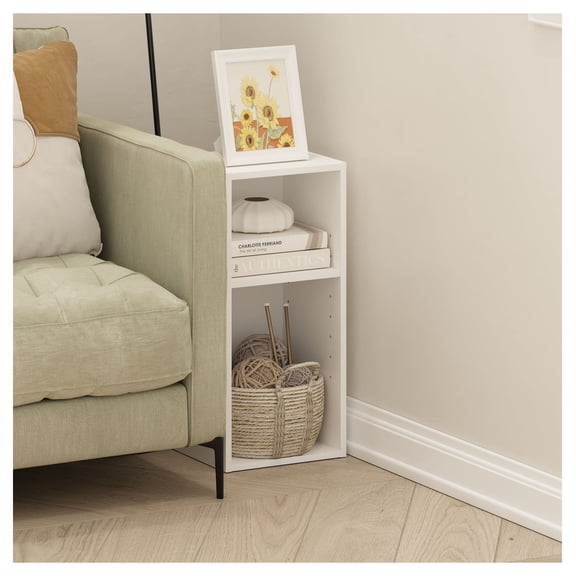 Fulda 2-Tier Bookcase, 10 Inch Narrow Shelves - White Storage Organizer for Small Spaces, Living Room, Bedroom, Office - Adjustable Shelf, Compact Design