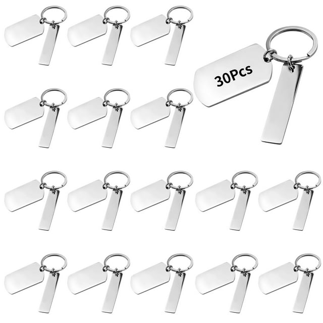 Stainless Steel Key Tags 30 Pack, Blank Dog Tag Style Key Chains with Split Rings, Military ID Tag Keychains for DIY Projects, Metal Key Ring Accessories for Personalization