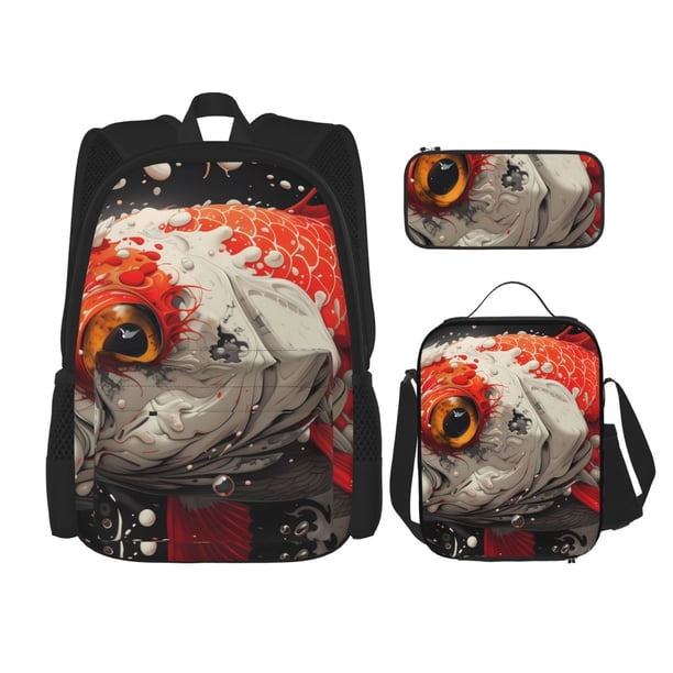 Fotbe Abstract Red Koi Fish Art Set Escolar 3 en 1 para Niños - Mochila Duradera con Lonchera Aislante y Estuche para Lápices - Mochila Escolar para Niños y Niñas