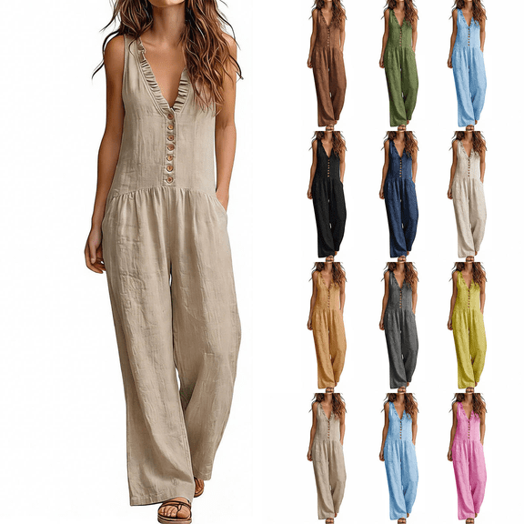 Hvogkswy Linen Jumpsuits for Women Ruffled V-Neck Button Front Sleeveless Jumpsuit with Pockets Comfy Loose Breathable Summer Casual Wide Leg Romper