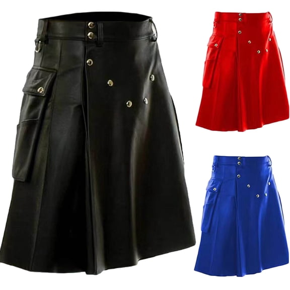 Lenago Kilts for Men Solid Color Scottish Festival Dress Snap Fastener Have Pockets Pleated Skirt Short Skirt