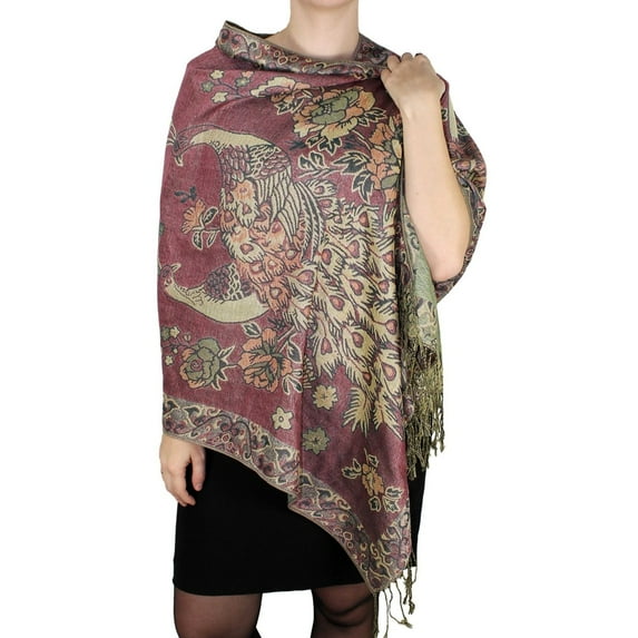 Floral Peacock Reversible Shimmer Layered Pashmina Wrap Shawl Scarf