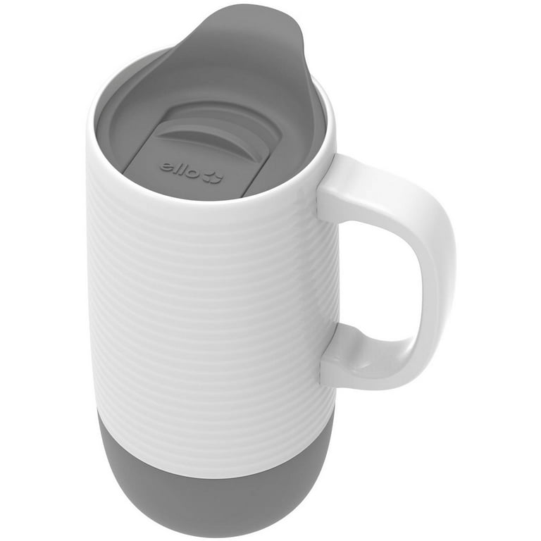 Set Of 2 ELLO white rippled 18oz ceramic coffee travel mug handle