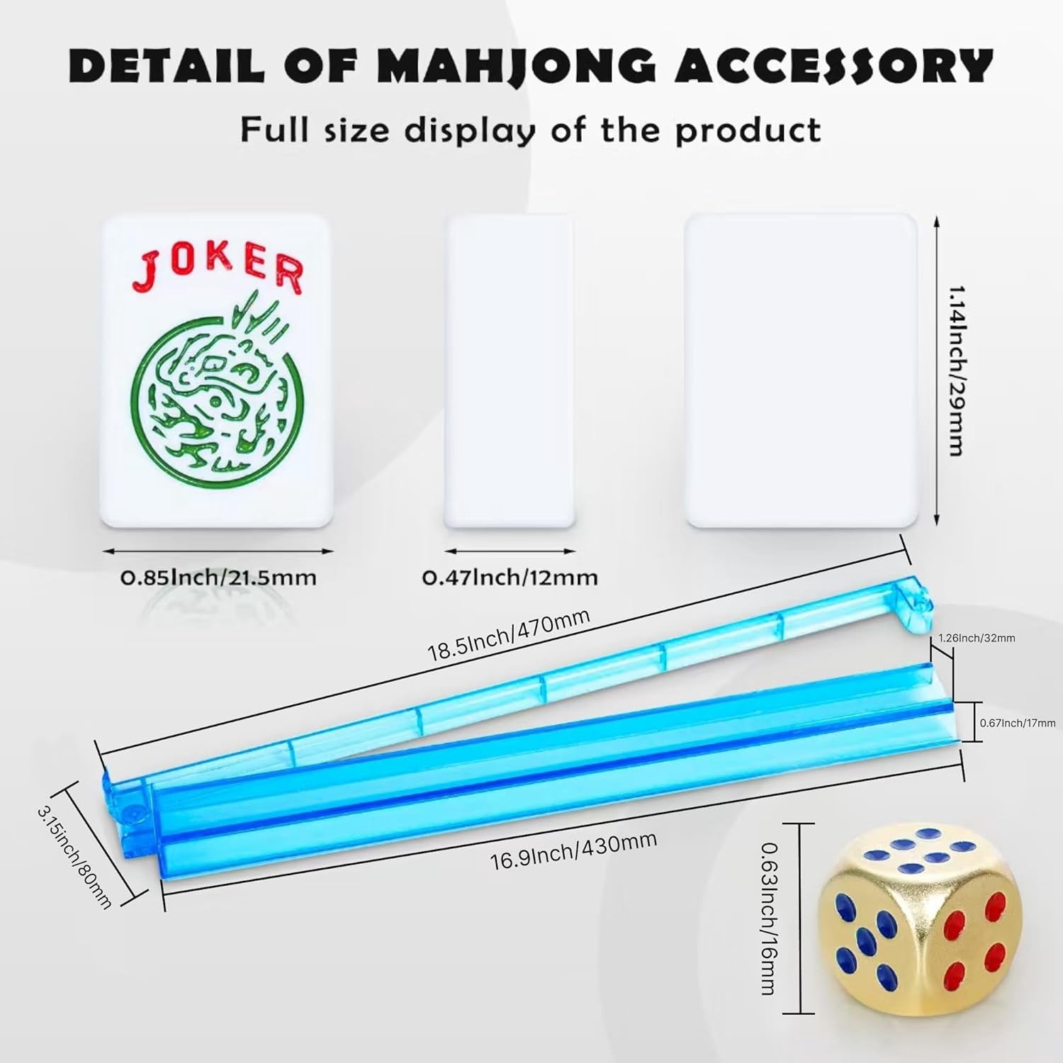 Mahjong Tile Set with Bag – 166 White Tiles, Golden Dice, 4 All-in-One Racks with Pushers, Blue (Travel Set)