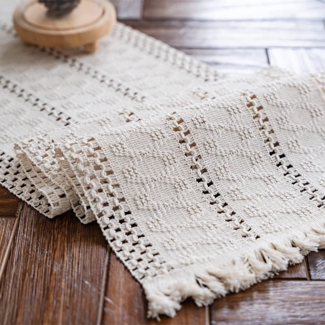 Camino de mesa Alynsehom Macramé de algodón beige crema 30 x 180 cm