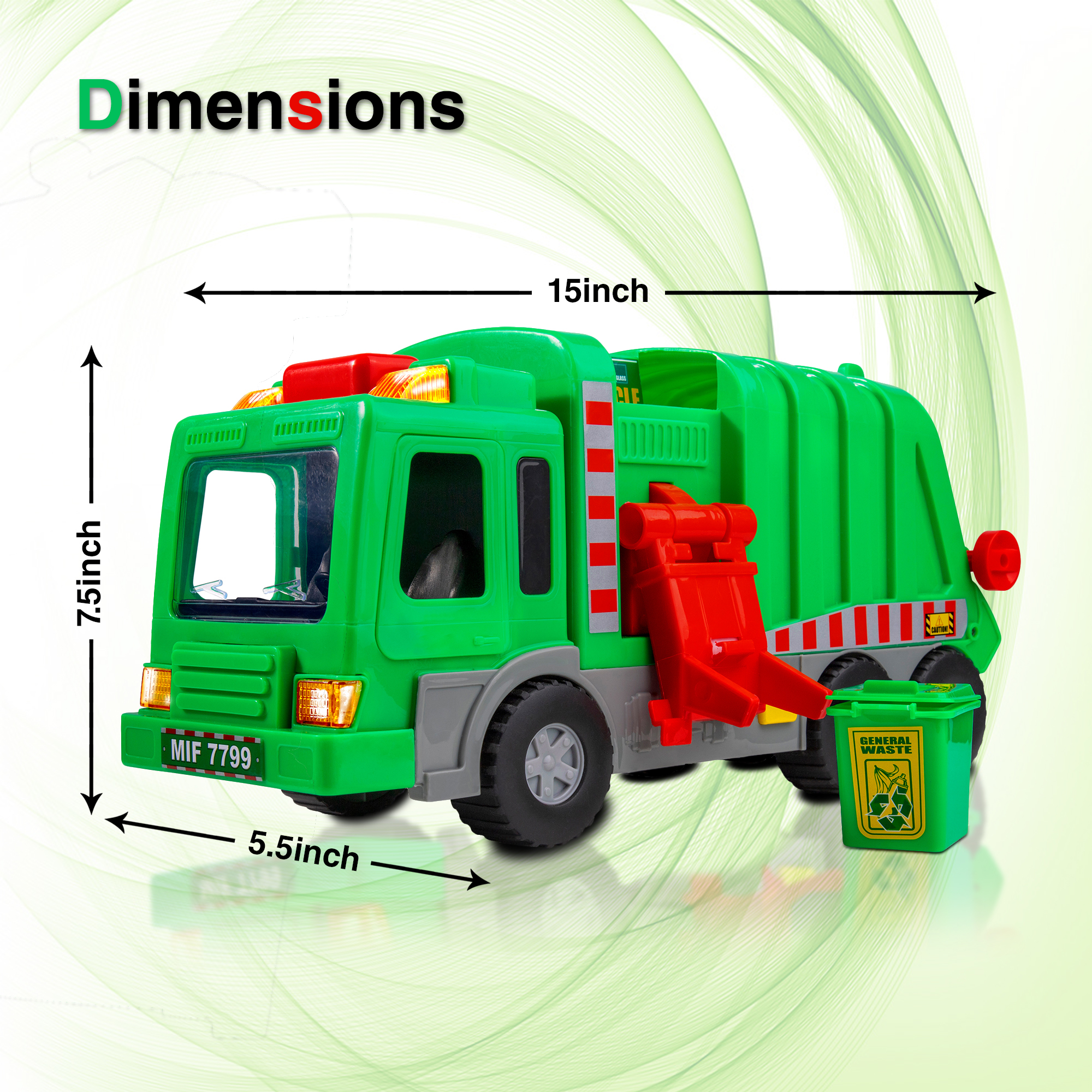 Playkidz Kids 15" Garbage Truck Toy with Lights, Sounds, and Manual Trash Lid, Interactive Early Learning Play for Kids, Indoor and Outdoor Safe, Heavy Duty Plastic - image 3 of 7