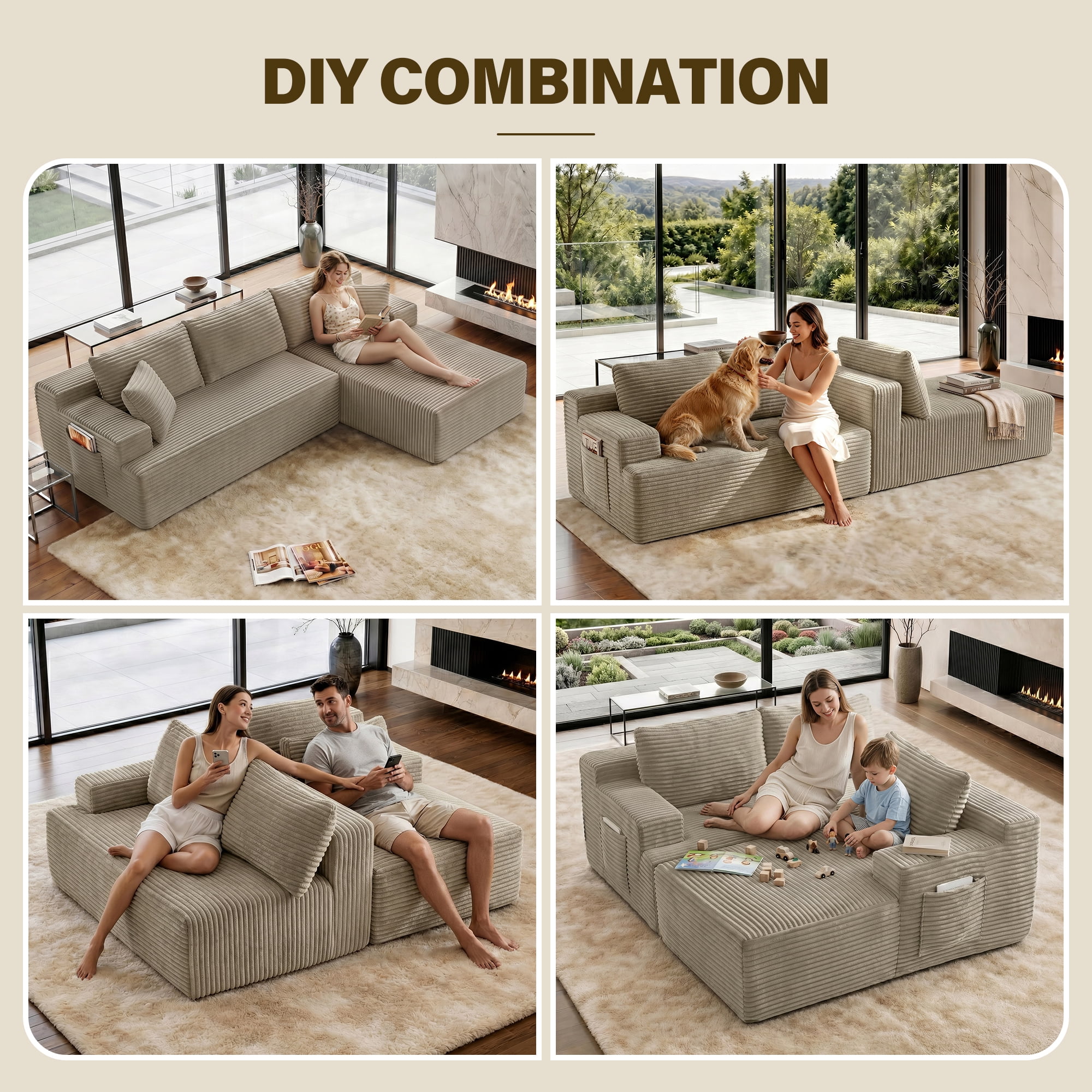 Aukfa 96" Cloud Sectional Couch, Modular L Shaped Boneless Sofa with Right Facing Chaise&2 Storage Pockets, Camel