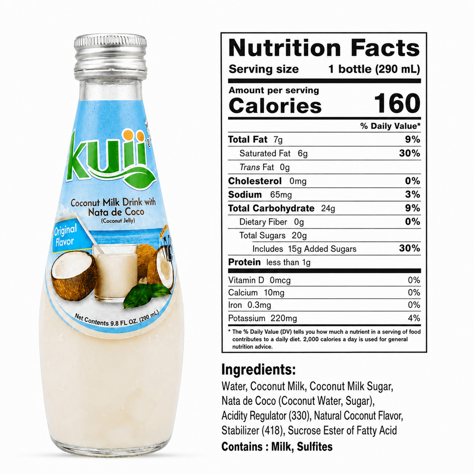 (4 pack) Kuii Drinks Coconut Milk with Nata de Coco, Original, 290 mL Single Glass Bottle