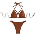 thumbnail image 1 of Traje de baño de bikini para mujer, cuello halter, correa de cierre, anillo vinculado sin espalda, traje de baño de 2 piezas, color café M, 1 of 5