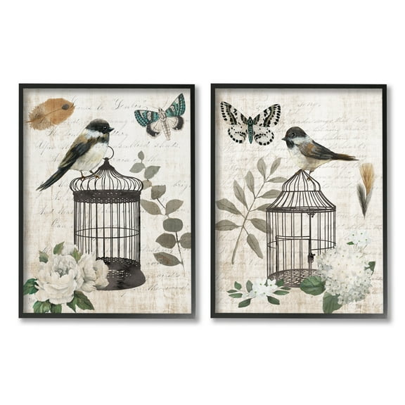 Stupell Industries Vintage Perched Bird Cage Butterfly Timeless Cursive Graphic Art Black Framed Art Print Wall Art, Set of 2, Design by Nan