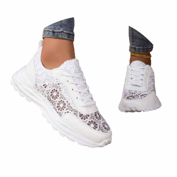 XFeng Women's White Lace Sneakers, Breathable Floral Mesh Platform Walking Shoes, Lightweight Casual Lace-Up Tennis Shoes,White,35