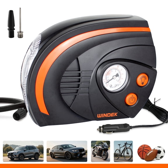 Windek Tire Inflator, 12V Portable Air Compressor, High-Speed 120psi, LED Light, 23.6 in Hose & 118.1 in Cord for Cars, Bikes, Camping (Drivers, Cyclists, Home Use)