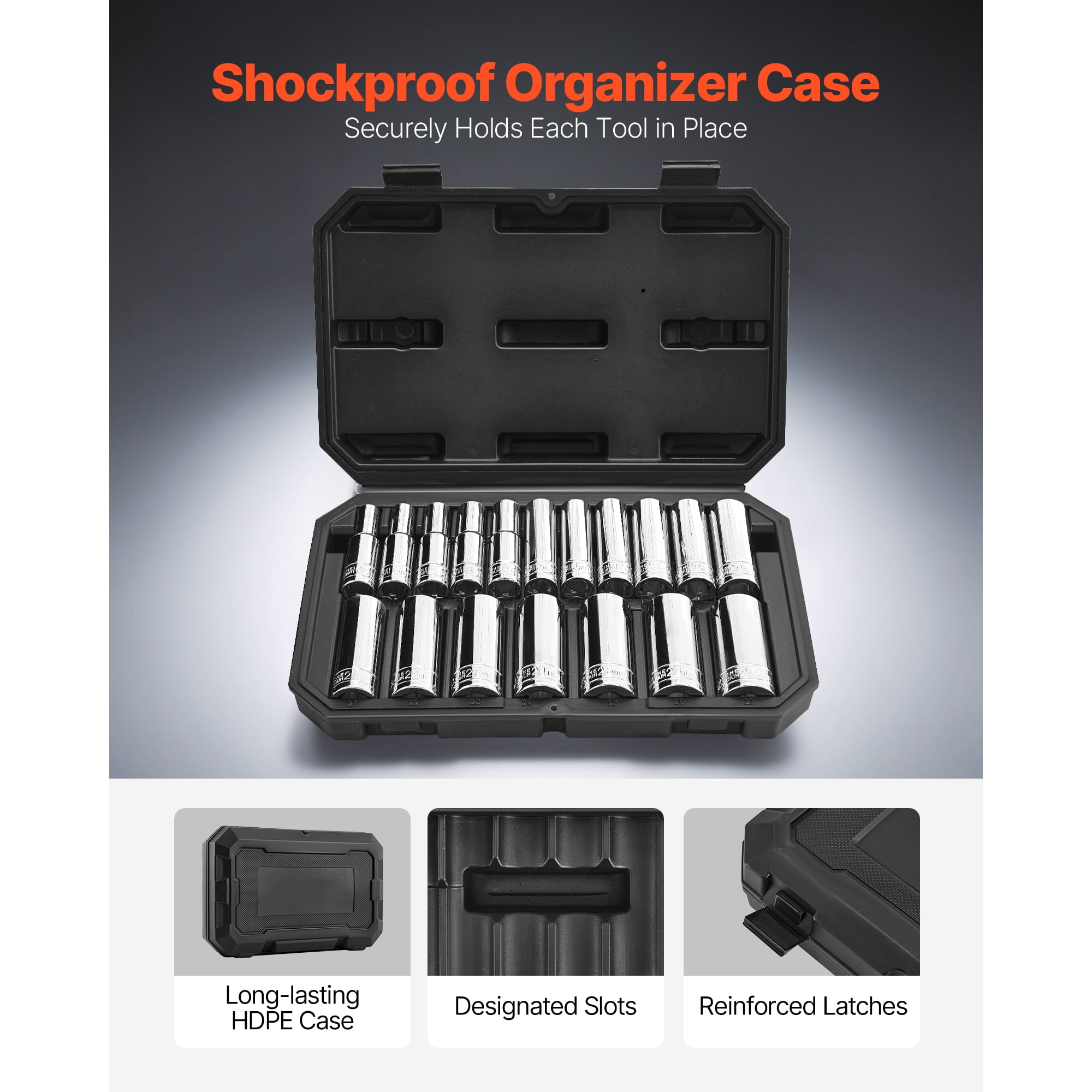 KFFKFF 18-Piece Socket Set, 1/2-Inch Drive, Metric Sizes 10-27 mm, Durable Tool Kit with Storage Case, Easy-to-Read Markings, Chrome-Plated CR-V Steel for Vehicle Maintenance