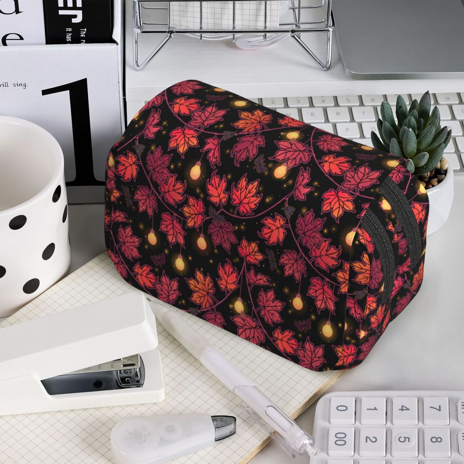 Rateoe Beautiful Maple Leaf Lantern Pattern Double Clamshell Pen Case, Storage Organizer with Two Zipper Compartments– Holds Up to 50 Pencils & Pens