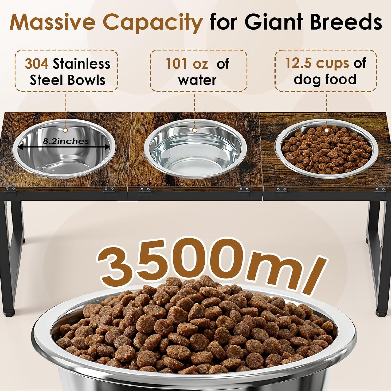 Flymer Adjustable Elevated Dog Bowls Stand for Large Dogs - 15'' to 20.5'' Height Triple Bowl Feeder with Wood Trays & Bowls (3500ML Capacity)