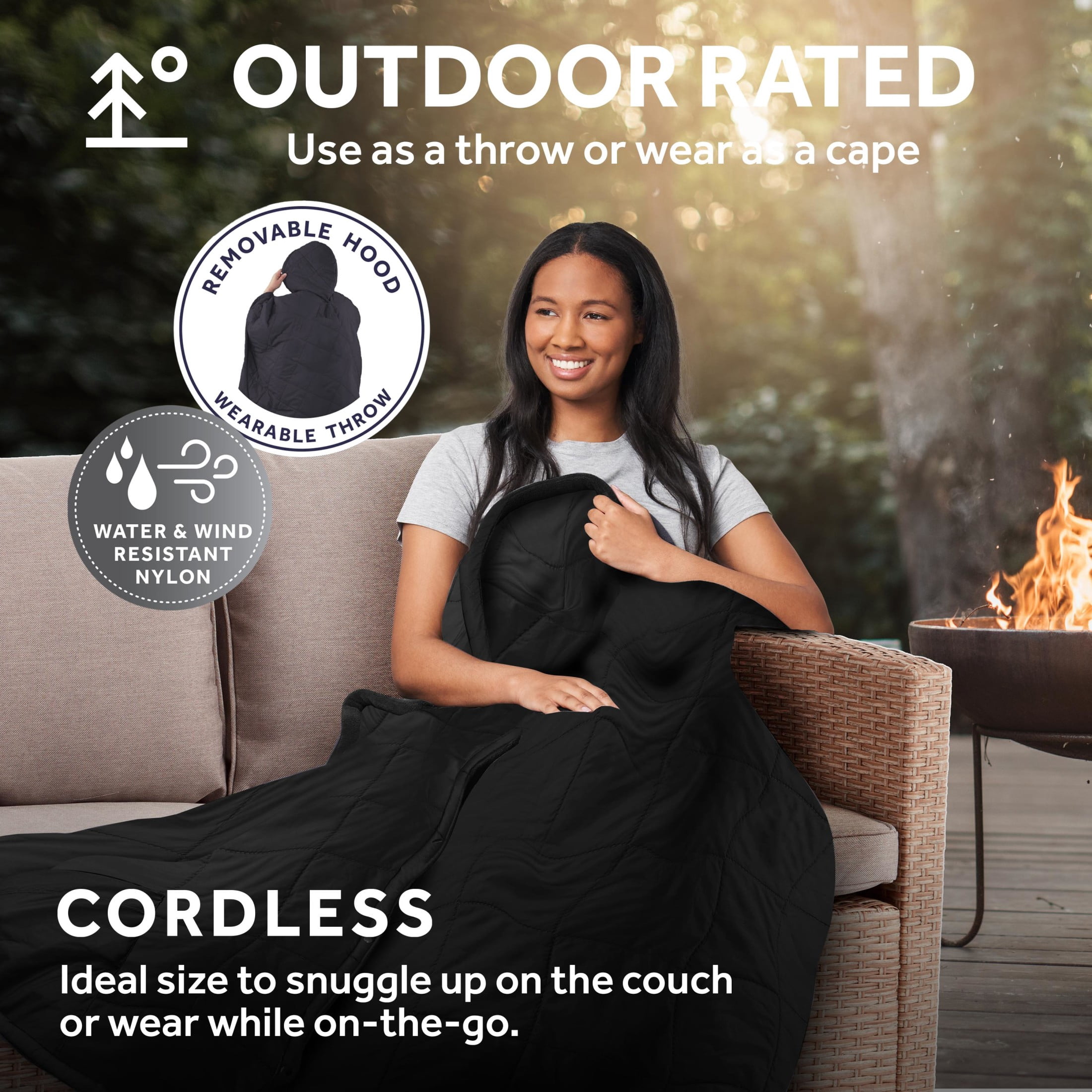 Sunbeam On-the-Go Cordless Heated Throw Blanket with Hood, Black Nylon/Microplush, 50x66