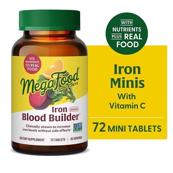 MegaFood Blood Builder Minis - Iron Supplement for Women with Vitamin C, B12 - 36 Servings