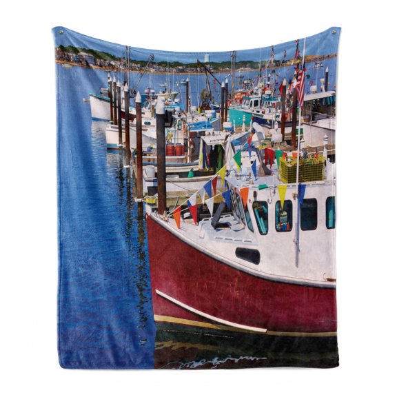 Massachusetts Soft Flannel Fleece Blanket, Boats at the Pier Nautical Composition with Many Colors Scenic Boston Photo, Cozy Plush for Indoor and Outdoor Use, 60" x 80", Multicolor, by Ambesonne