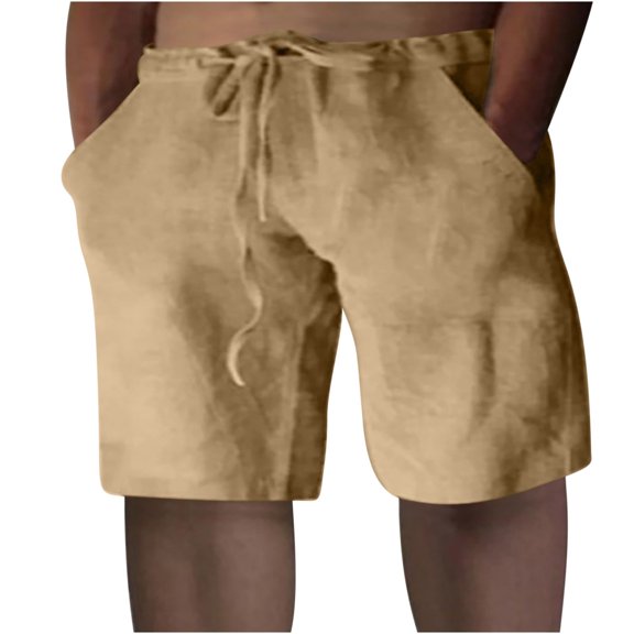 HOOMEUMY Men's Summer Drawstring Elastic Waist Solid Color Beach Shorts with Pockets Knee Length Trousers Beige 12
