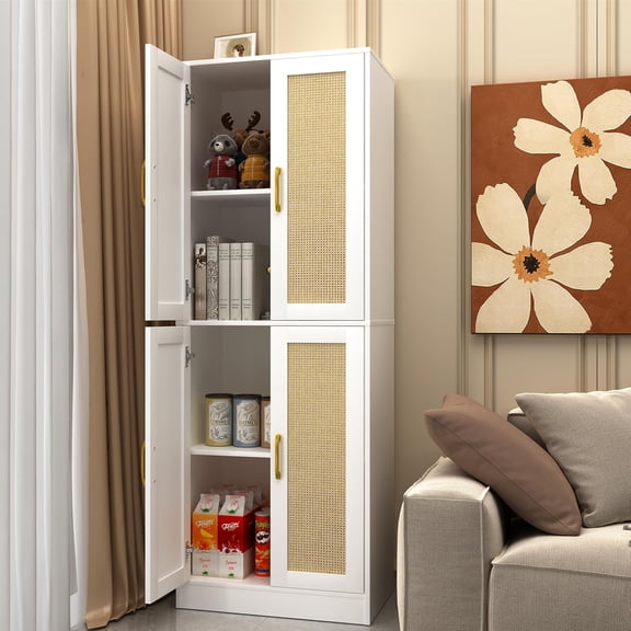 Storage Cabinet,Kitchen Pantry Cabinet with 4 Rattan Doors and Adjustable Shelves,Tall Storage Cabinet for Bathroom, Living Room, Laundry,White