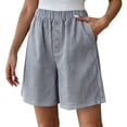 thumbnail image 2 of Cagogo Womens Striped Elastic Waist Shorts Plus Size Cotton Linen Loose Casual Flowy Summer Beach Travel Lounge Shorts with Pockets Comfy Clothing, Navy L, 2 of 8