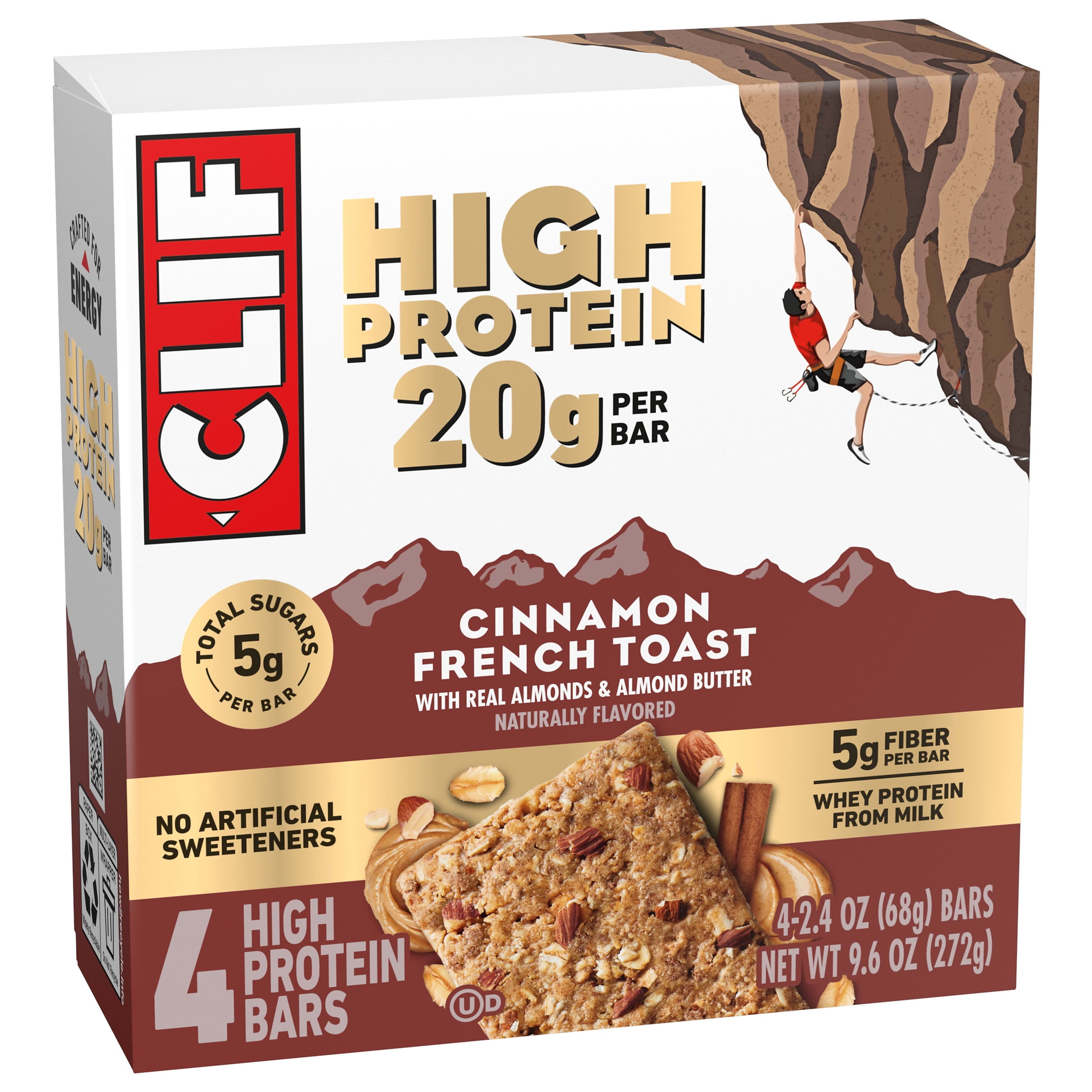 CLIF HIGH PROTEIN Bars - Cinnamon French Toast - 20g Protein - 5g Fiber - Non-GMO (4 Count)