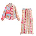 thumbnail image 3 of Conjunto de 2 piezas para mujer HH TRAF, camisa de manga larga con estampado asimétrico de botonadura sencilla y pantalones casuales de cintura alta con cordón hasta los tobillos, 3 of 5