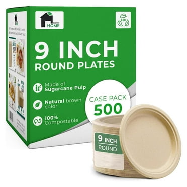 Chen xin 9 Inch Compostable Paper Plates - Eco-Conscious Disposable Plates Made of Bagasse or Sugarcane Fiber - Microwave, Refrigerator-Safe - Heavy Duty Paper Plates for Dinner - Case of 500