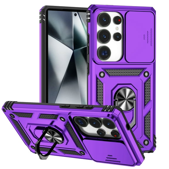ShellTech for Samsung Galaxy S25 Ultra PC TPU Case with Magnetic Car Mount Holder Kickstand & Slide Camera Lens Cover,Multi-Layer Armor Military Heavy Duty Full Body Rugged Shockproof,Purple