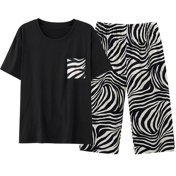 SJLDQY Womens Plus Size Pajamas Short Sleeve Top and Printed Capri Pants Loungewear Set for Women Soft 2 Piece V Neck Pjs Sets