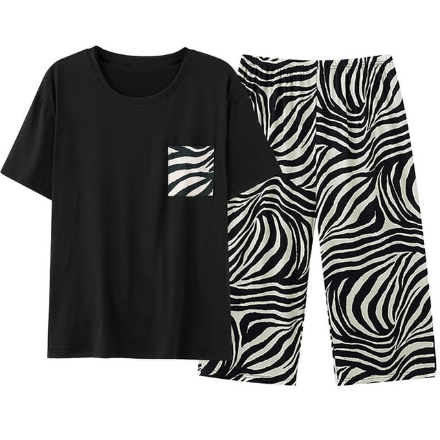Icvfdpl Pyjama Femme Manches Courtes Haut Pantalon Capri Vêtements de Nuit Plus Vêtements de Détente TG