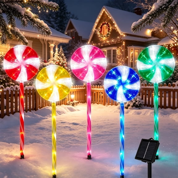 Petyoung 5 Pack Solar Powered Christmas Lights, LED Lollipop Pathway Lights, Candy Cane Stake Lights for Yard Garden Lawn Decor