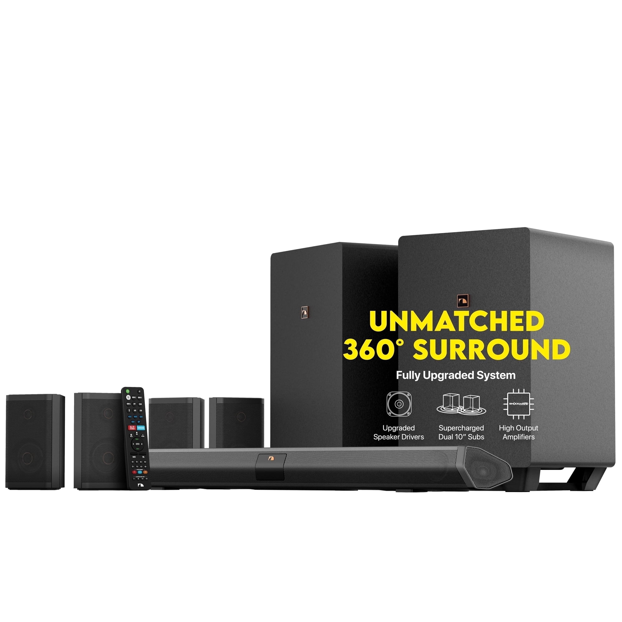 Nakamichi Shockwafe Ultra 9.2.4 Channel Soundbar System with Dolby Atmos/DTS:X, Dual 10" Subwoofers, 4 Rear Surround Speakers, 1300 Watts Max Output Power
