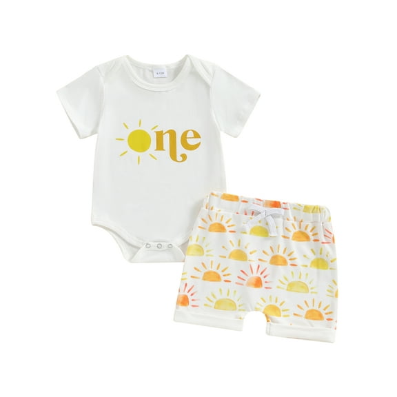 Michellecmm Baby Girls 2Pcs Birthday Outfits Short Sleeve Letter Romper Sun Print Shorts Set Infant Clothes