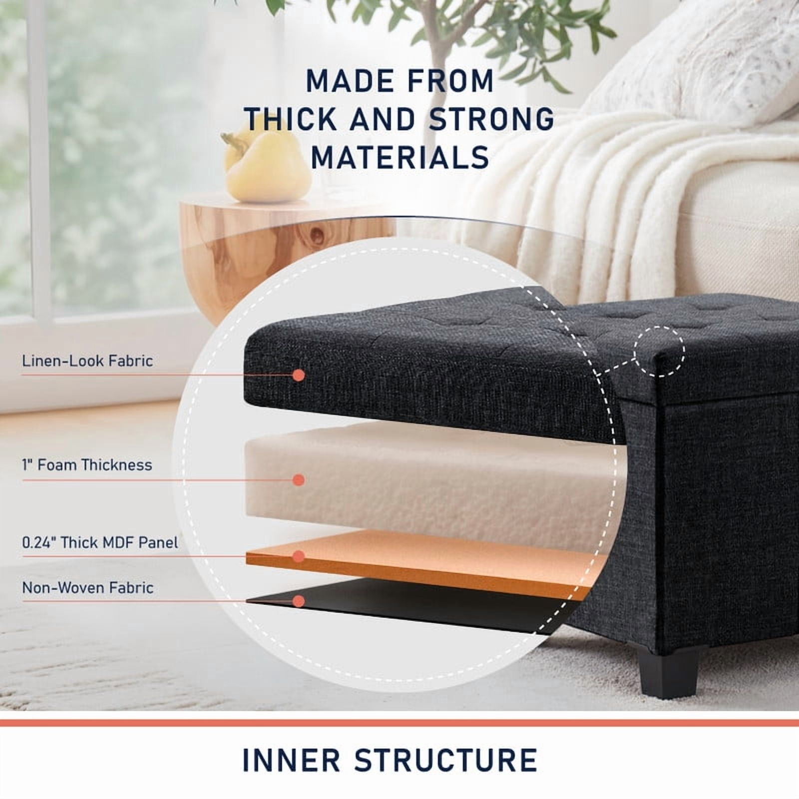 Ornavo Home 15 Inch Folding Storage Ottoman with Storage, Square Cube Linen Small Storage Ottoman Foot Rest Stool with Legs