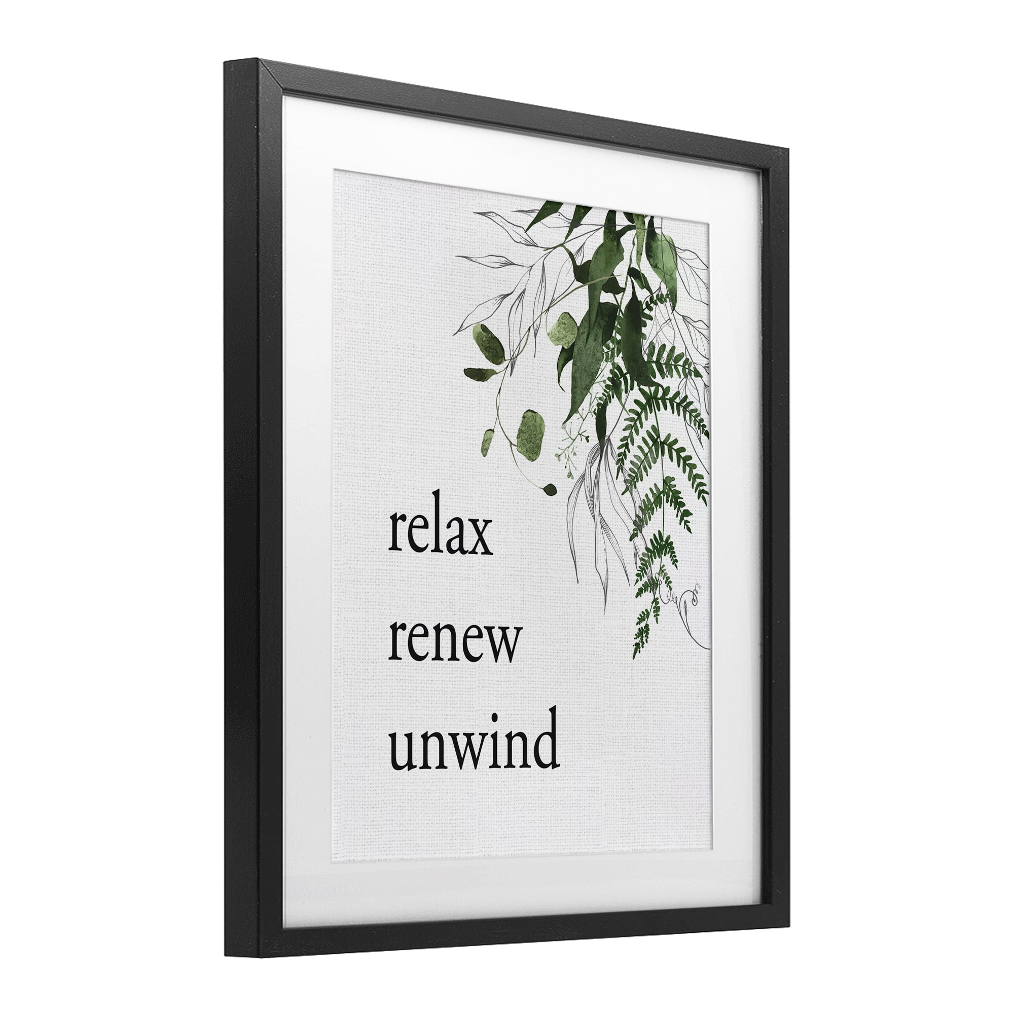 Relax Renew Unwind with Foliage Black Framed Print Under Glass, design by Lettered and Lined