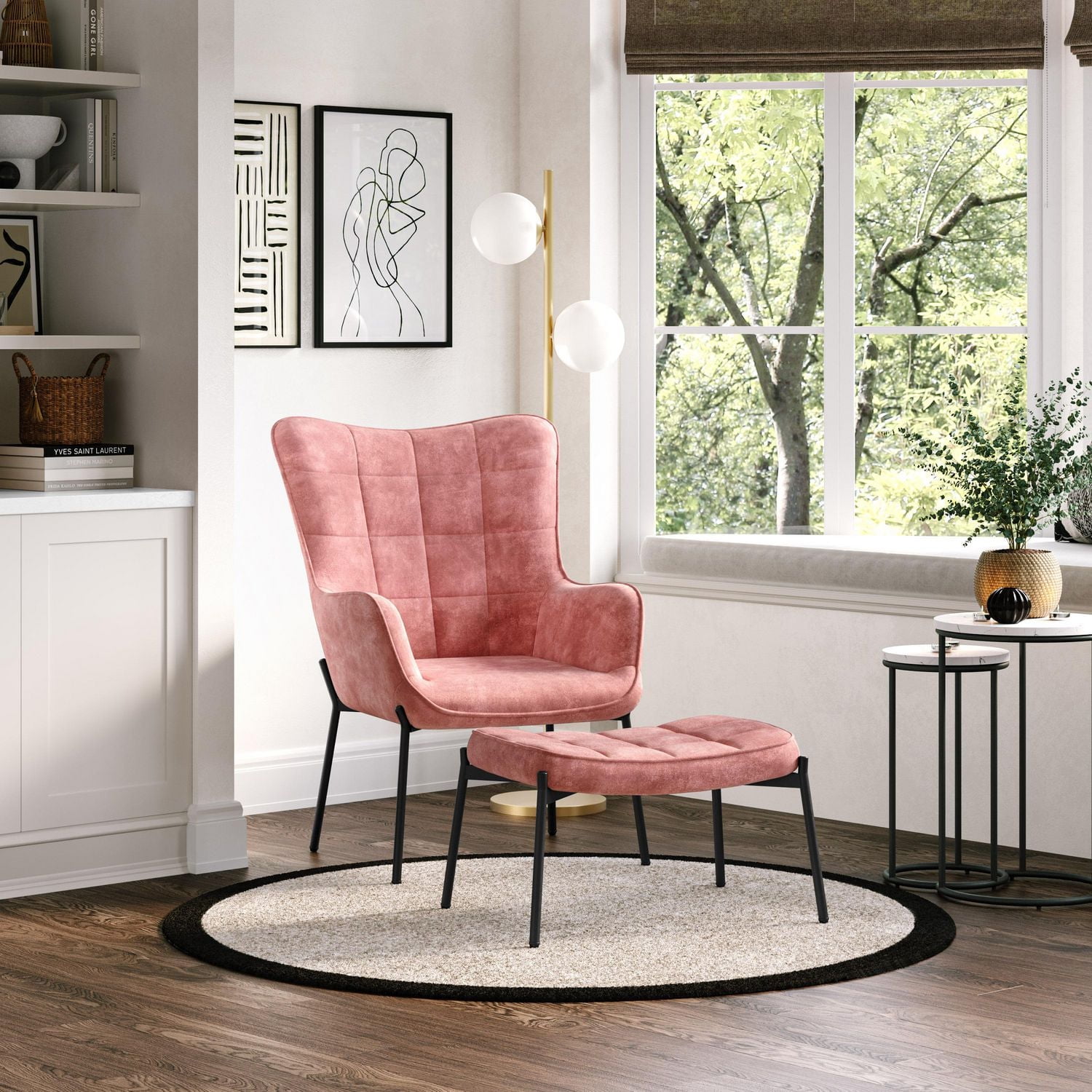 Fauteuil d'appoint d'intérieur Charlotte en velours à dossier ailé avec tabouret et pieds en metal