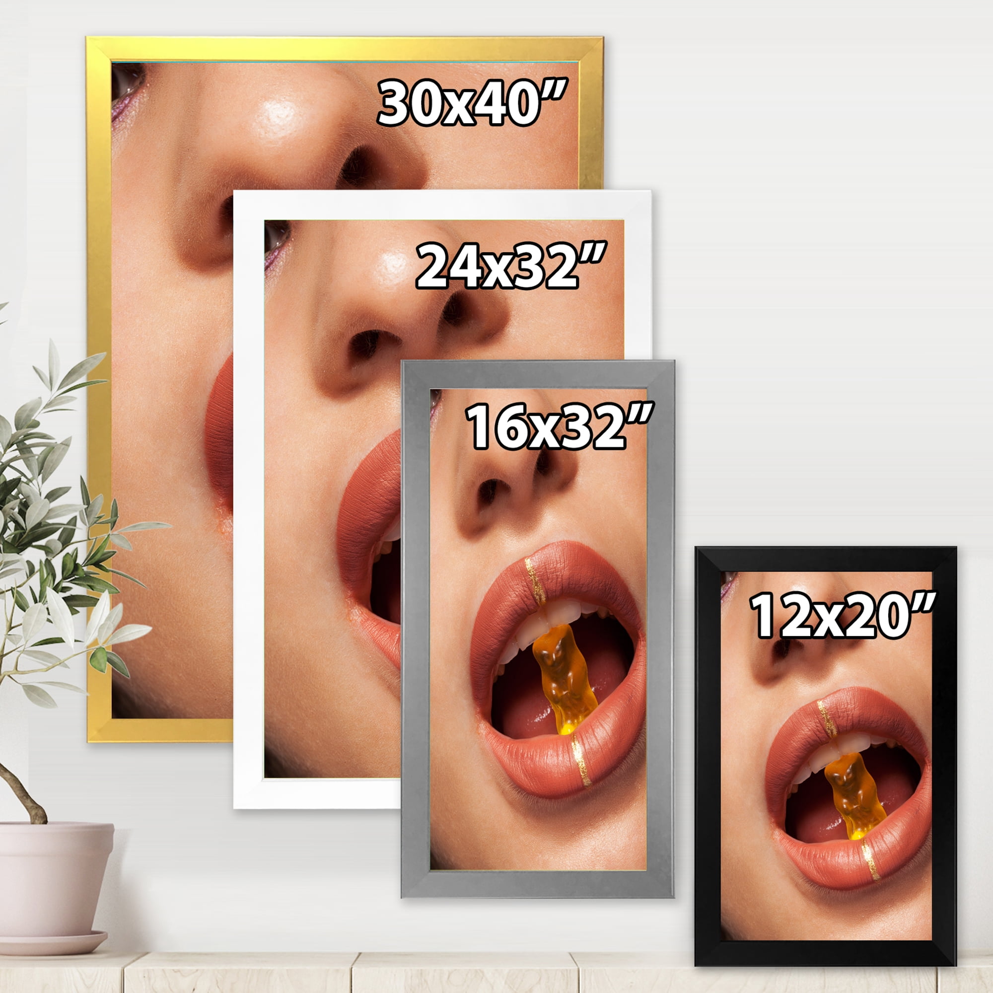 Designart 'Close Up VIew of Female Lips Biting Gummy Bear' Modern Framed Art Print