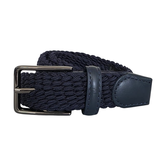 Ferrioni Cinturón Textil para Niño Elástico Trenzado Azul Marino con Piel 29 mm