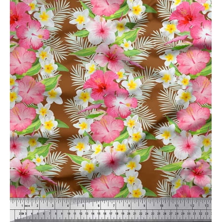 Soimoi Brown Viscose Chiffon Fabric Leaves & Tropical Floral Watercolor Print Sewing Fabric BTY 42 Inch Wide