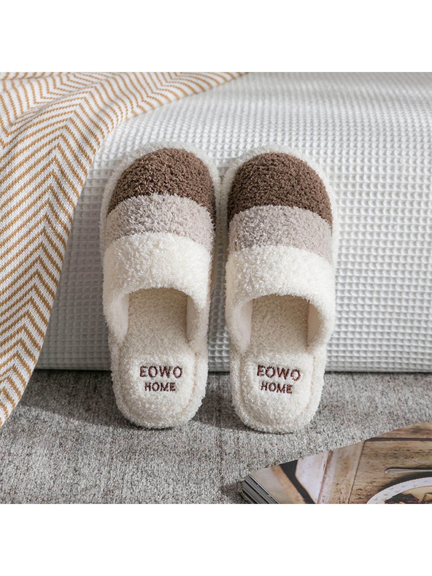 Indoor Outdoor Women Simple Fuzzy Fleece Soft Open-Toe Washable Home House Slippers Slip Shoes On Memory Foam Clog 