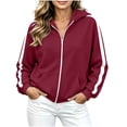thumbnail image 4 of Qgtaibl Women's Full Zip Hooded Sweatshirt Side White Stripe Design Long Sleeve Jacket Thin Fleece Fall Athletic Hoodie Coat for Running Hiking Gym Wine S, 4 of 9