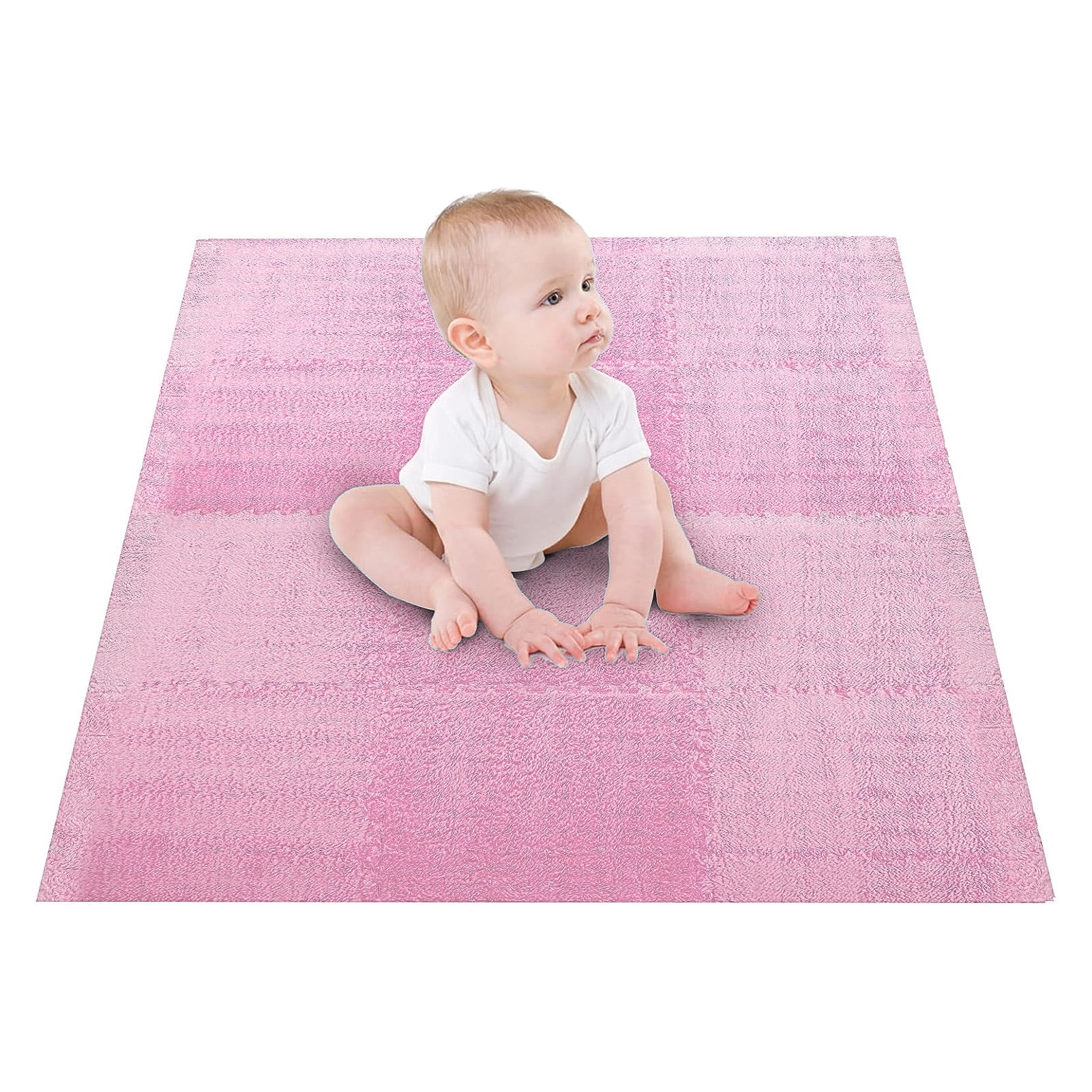 M Buder 10pcs Plush Foam Interlocking Floor Mats, Anti Slip Fluffy EVA Carpet Tiles For Bedroom Home Playroom Decor, Pink Interlocking Carpets (12.6 inches / 32 cm)