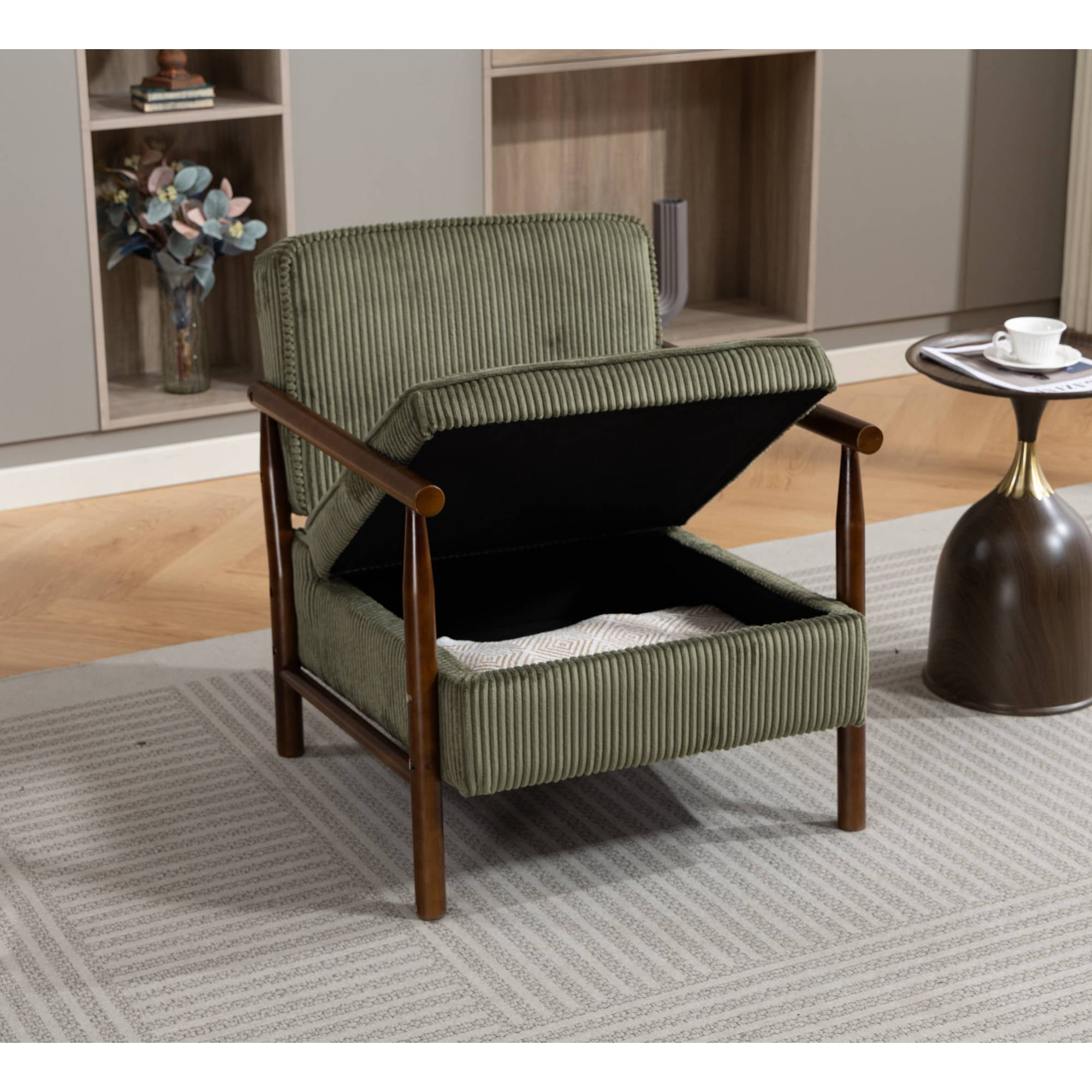 Mid-Century Accent Chair with Storage, Modern Comfy Reading Armchair with Lumbar Pillow for Living Room, Green