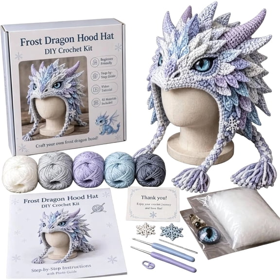 Crochet Kits for Beginners with Instruction, Dragon Hood Hat DIY Set with Complete Tools, Craft Gift for Adults Teens Kids